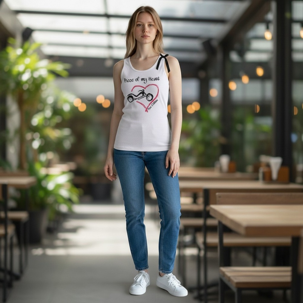 Tru Culture Womens Piece of my Heart Motorcycle Ribbed Tank Top White Bow (136)